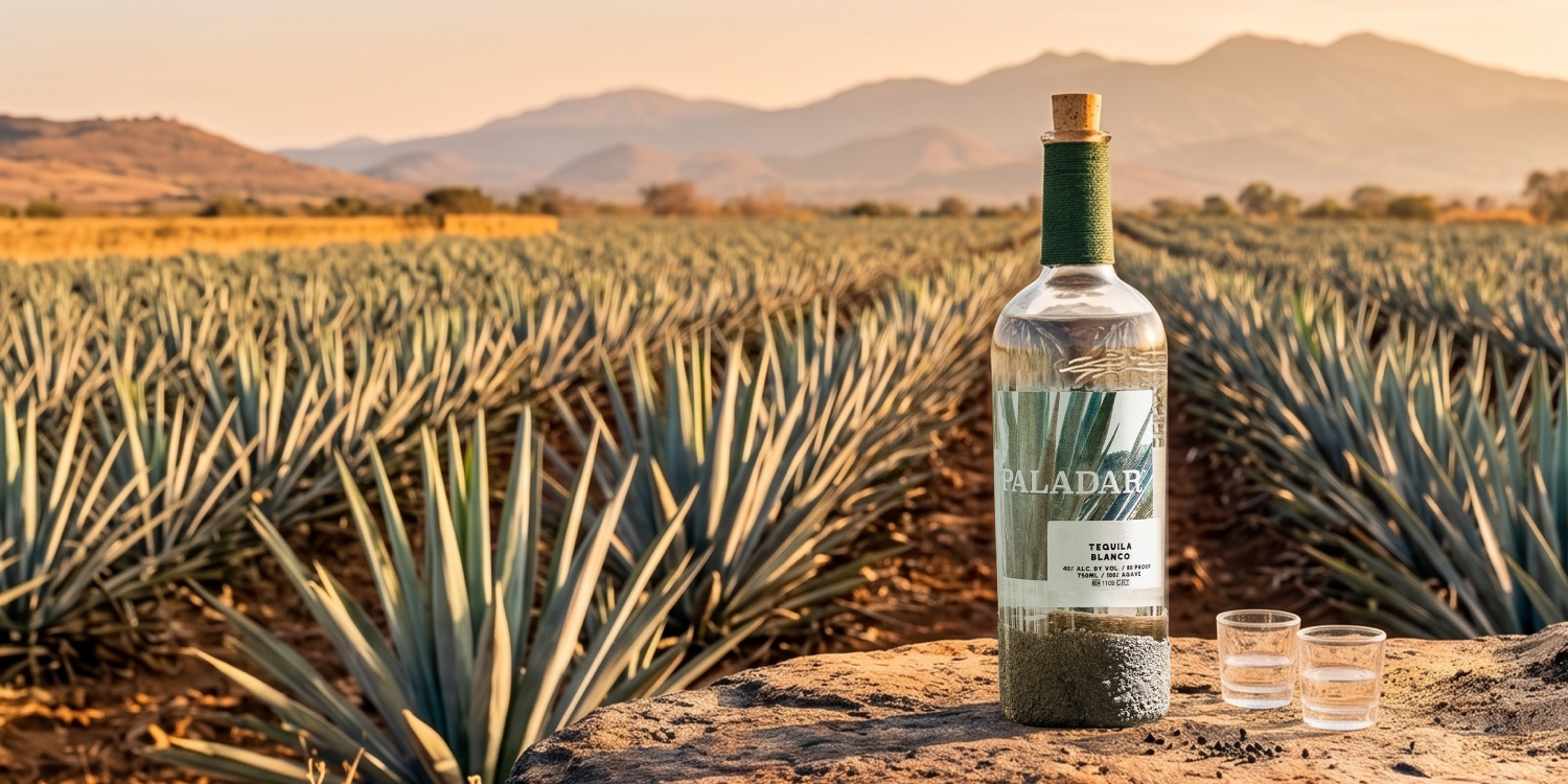 Paladar Tequila Blanco bottle on volcanic stone in front of a Jalisco blue agave field at sunset, with two copitas