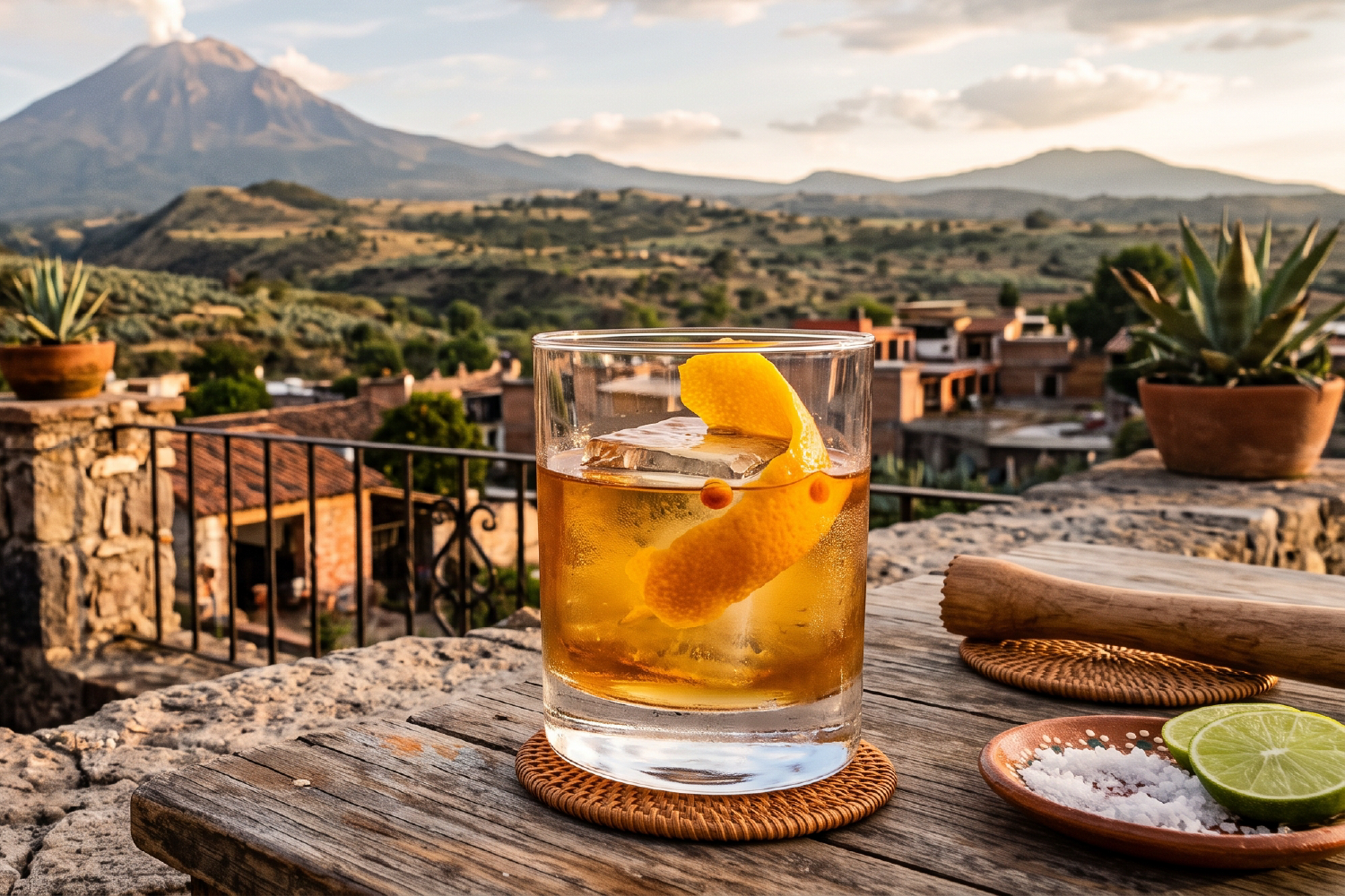 Toasted Old Fashioned over a large cube with orange peel, on a terrace overlooking a volcano