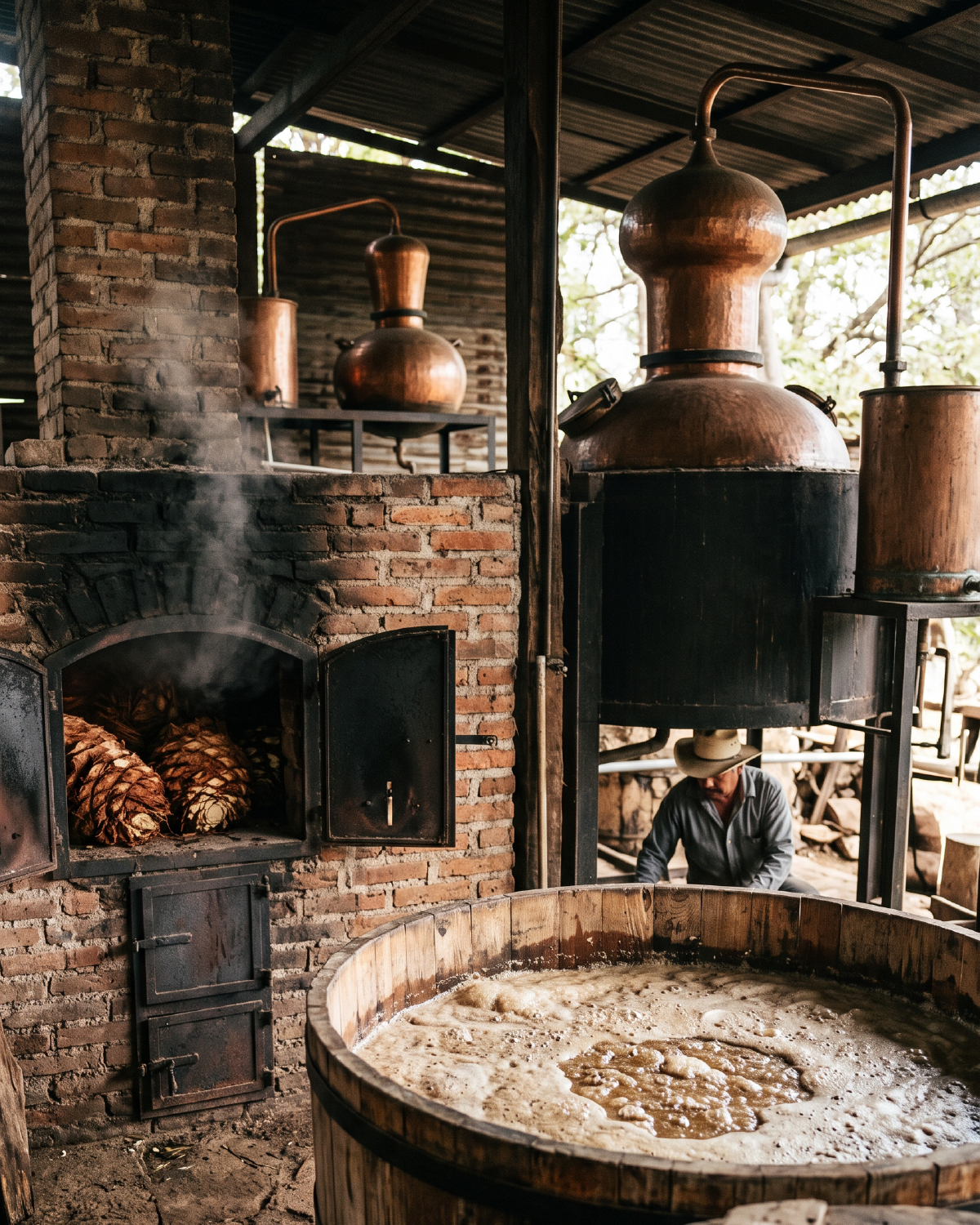 Traditional tequila production with brick ovens holding agave piñas, copper pot stills, and an open wooden fermentation vat