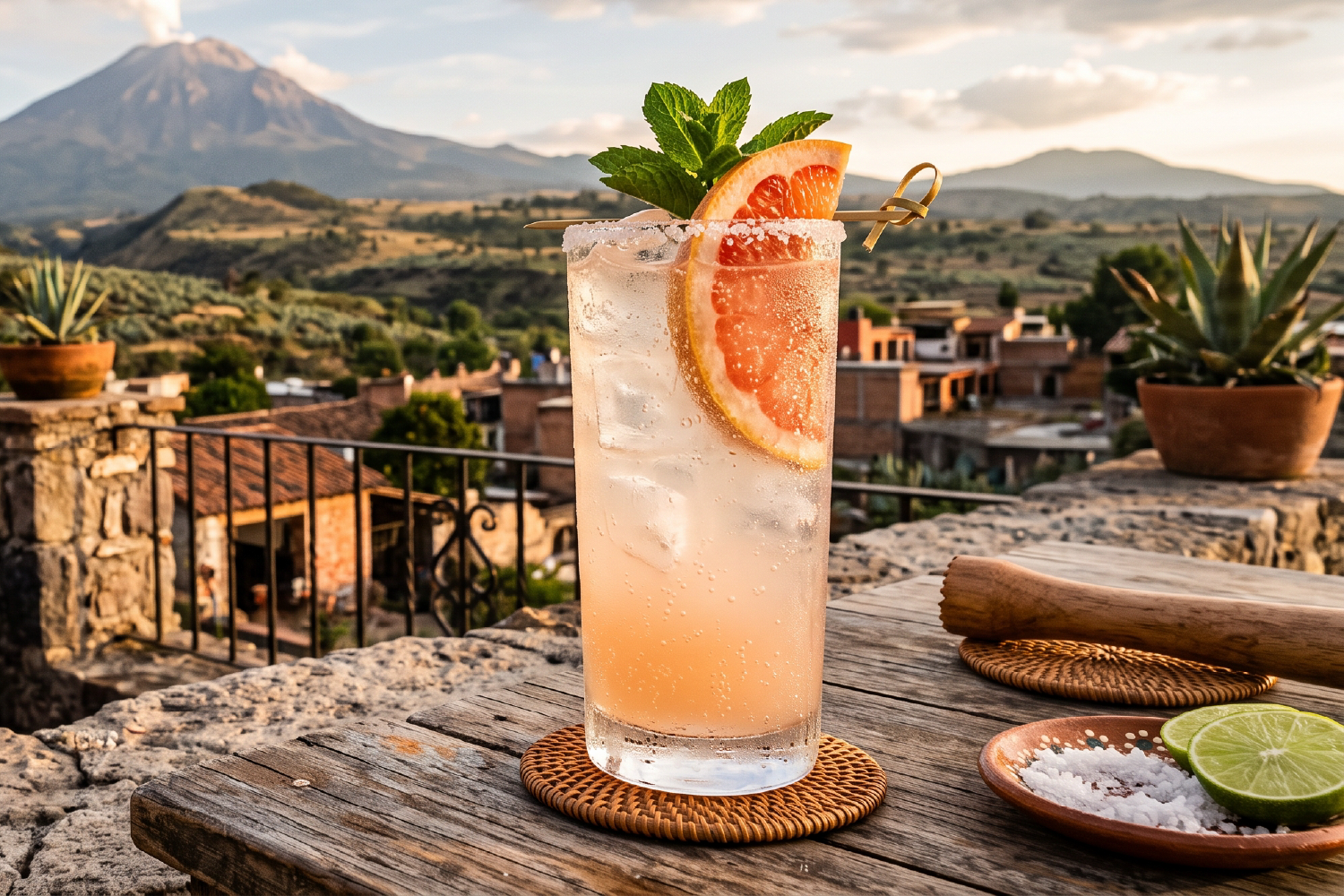 Volcanic Paloma in a salt-rimmed highball with grapefruit and mint, overlooking a volcano and Mexican village