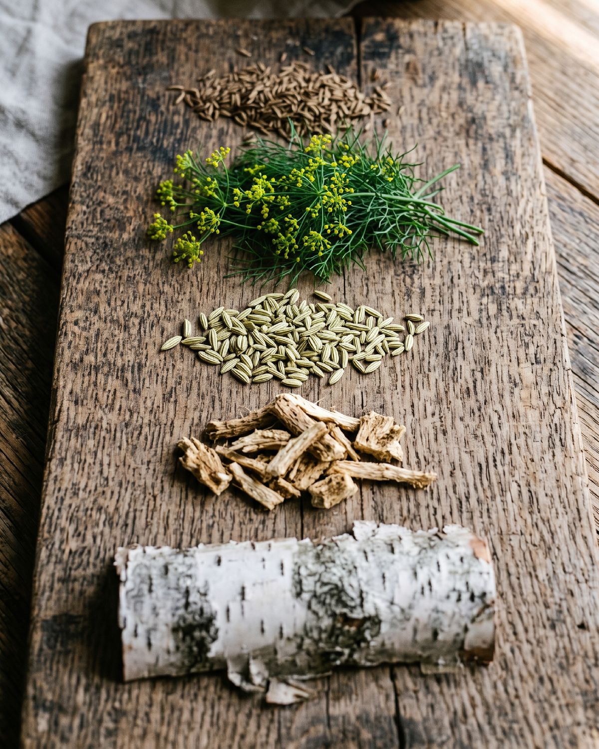 Aquavit botanicals on a wooden board: caraway seed, fresh dill, fennel seed, angelica root, and birch bark