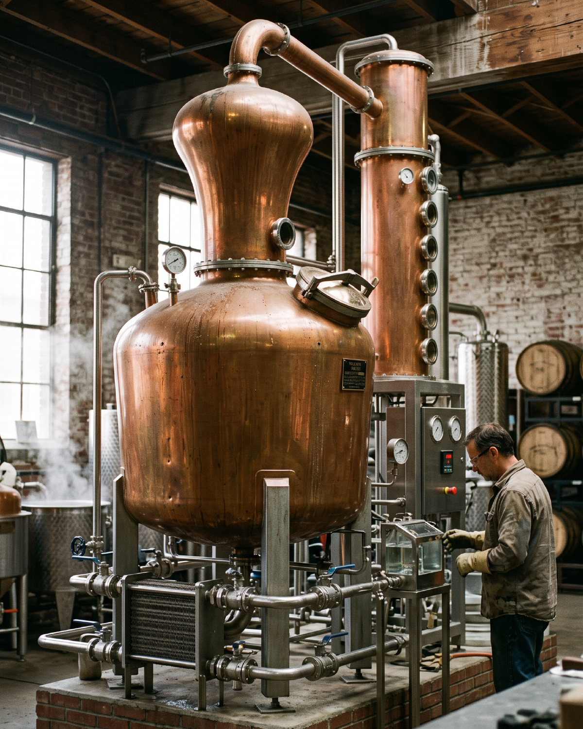 Copper pot still and column in a brick distillery with a distiller at the controls