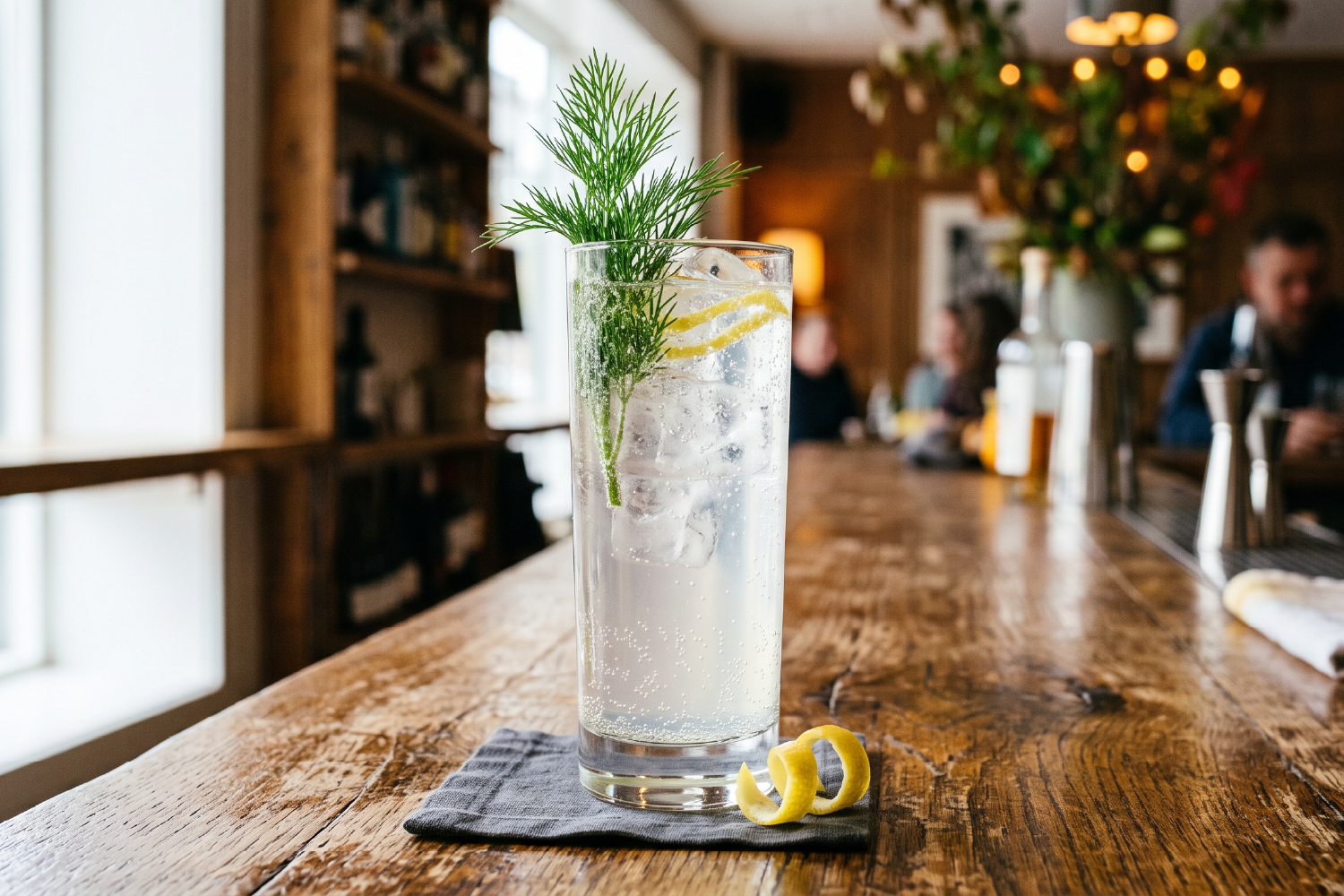 Nordic Collins in a tall glass with a dill sprig and lemon peel on a wooden bar