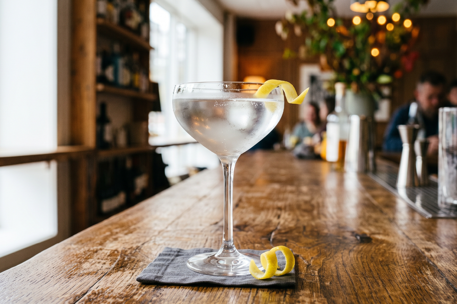 Caraway Martini in a coupe with a lemon twist on a wooden bar